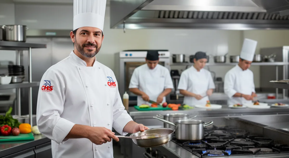 Chefs con filipinas blancas trabajando en una cocina industrial; uno sostiene un sartén mientras otros preparan vegetales en una estación de acero inoxidable.