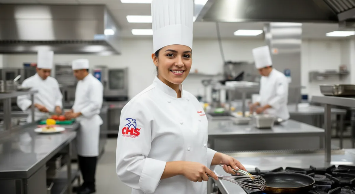 Chef con filipina blanca y logo “CHS” cocinando en una cocina industrial, mientras otros chefs preparan alimentos en estaciones de acero inoxidable al fondo.