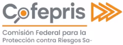 Logo oficial de Cofepris, autoridad sanitaria de México; ícono con lupa y flechas naranjas
