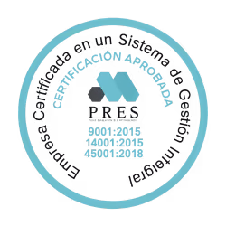 Certificación PRES de gestión integral; sello corporativo con normas ISO 9001, 14001 y 45001 para empresas certificadas