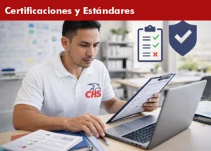 Empleado de CHS México revisando computadora y documentos para certificaciones y estándares de calidad