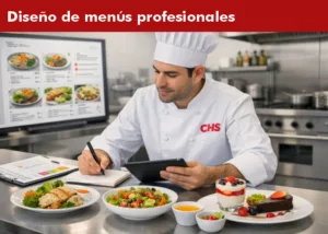 Chef nutriólogo de CHS México diseñando menús saludables en cocina profesional, revisando tablet junto a platos balanceados