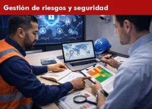 Profesionales de CHS México analizando matrices de riesgo y seguridad de producto en laptop dentro de oficina corporativa
