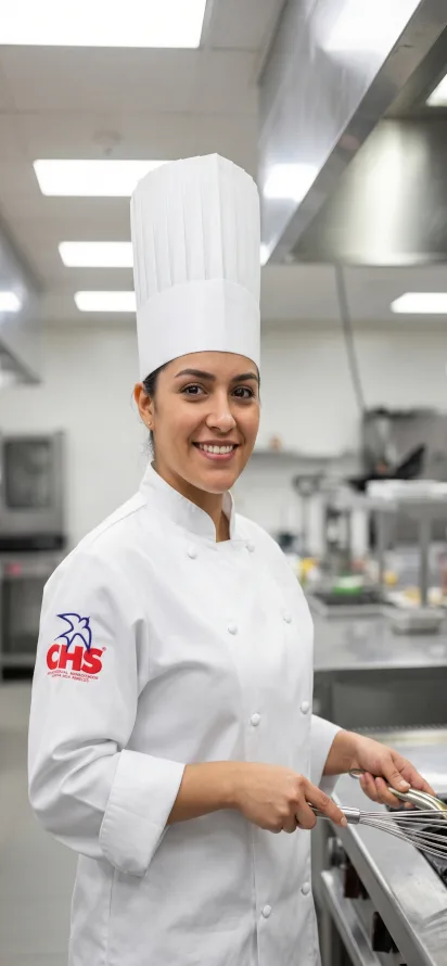 Chef instructora de CHS realizando prácticas de preparación de alimentos en cocina industrial para capacitación gastronómica profesional.