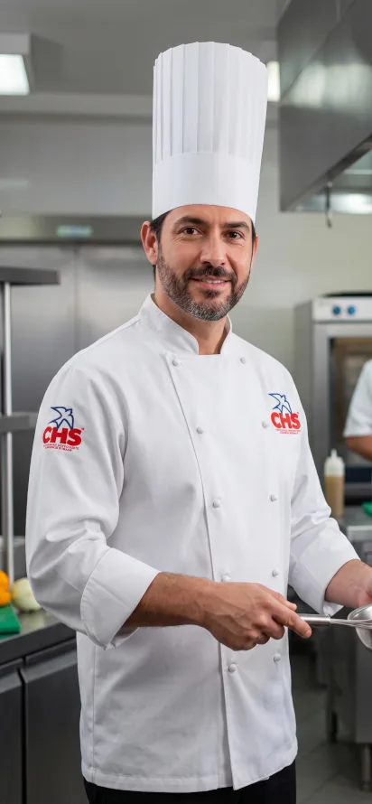 Chef profesional de CHS preparando alimentos en cocina industrial equipada para servicios de gastronomía y capacitación culinaria.