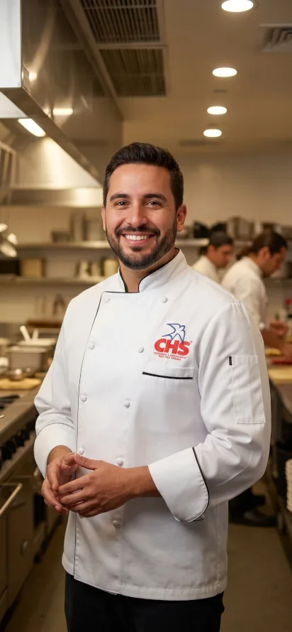 Chef profesional de CHS en cocina industrial supervisando procesos de preparación de alimentos para capacitación gastronómica especializada.